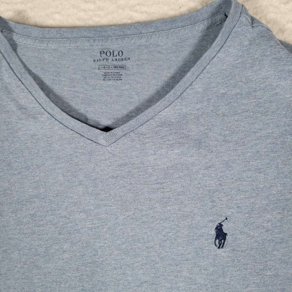 Polo Ralph Lauren T-Shirt Mens Large Blue V-Neck Short Sleeve Heathered Logo